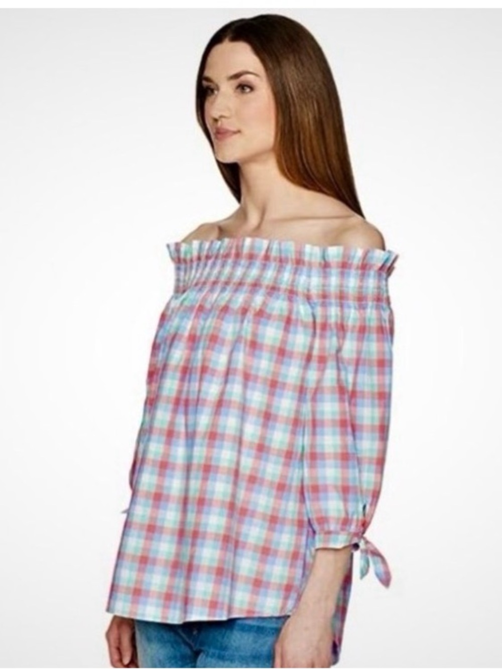 KATE SPADE MADRAS OFF THE SHOULDER TOP PLAID 100% COTTON MULTI COLOR SZ MEDIUM